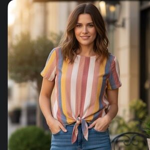 Madewell Women's Multicolor~Button-Back ~Tie Tee  In Sherbet Stripe Size S